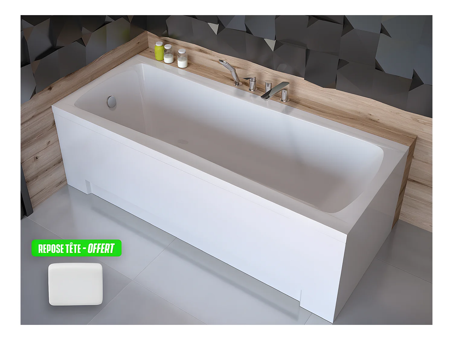 Baignoire rectangulaire + tablier blanc + repose tête - OPTIMA - 150 x 70 cm