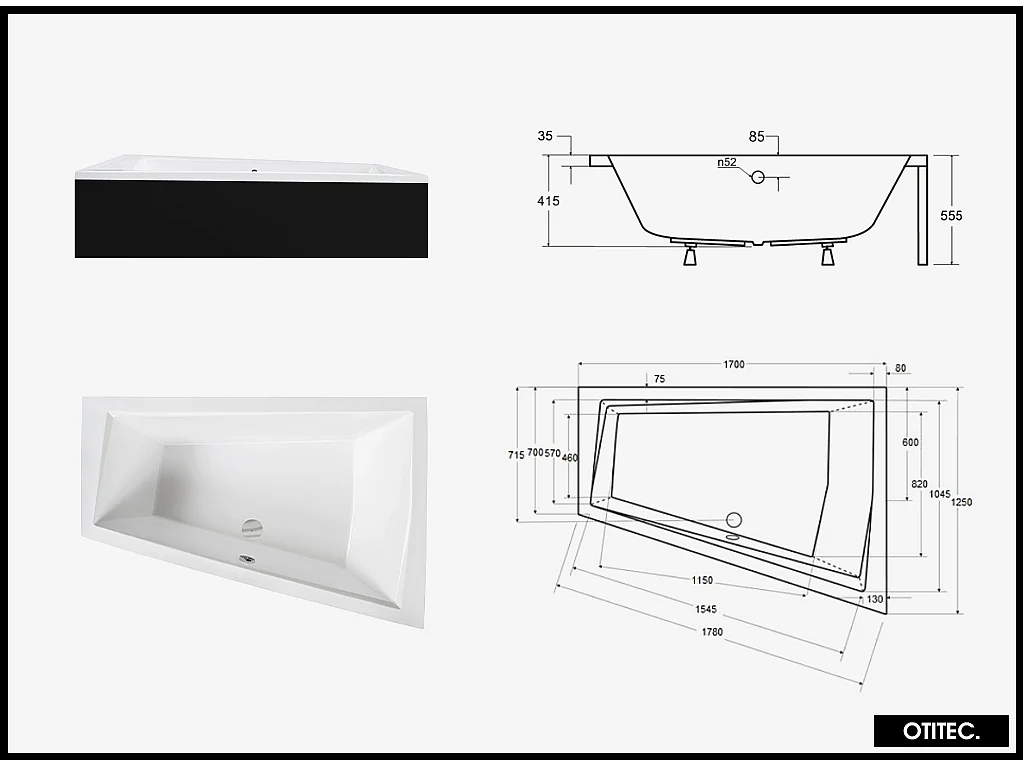 Baignoire Asymétrique avec Tablier Noir - 170 x 125 cm - DROITE - INTIMA DUO - 2 REPOSE-TÊTES OFFERTS