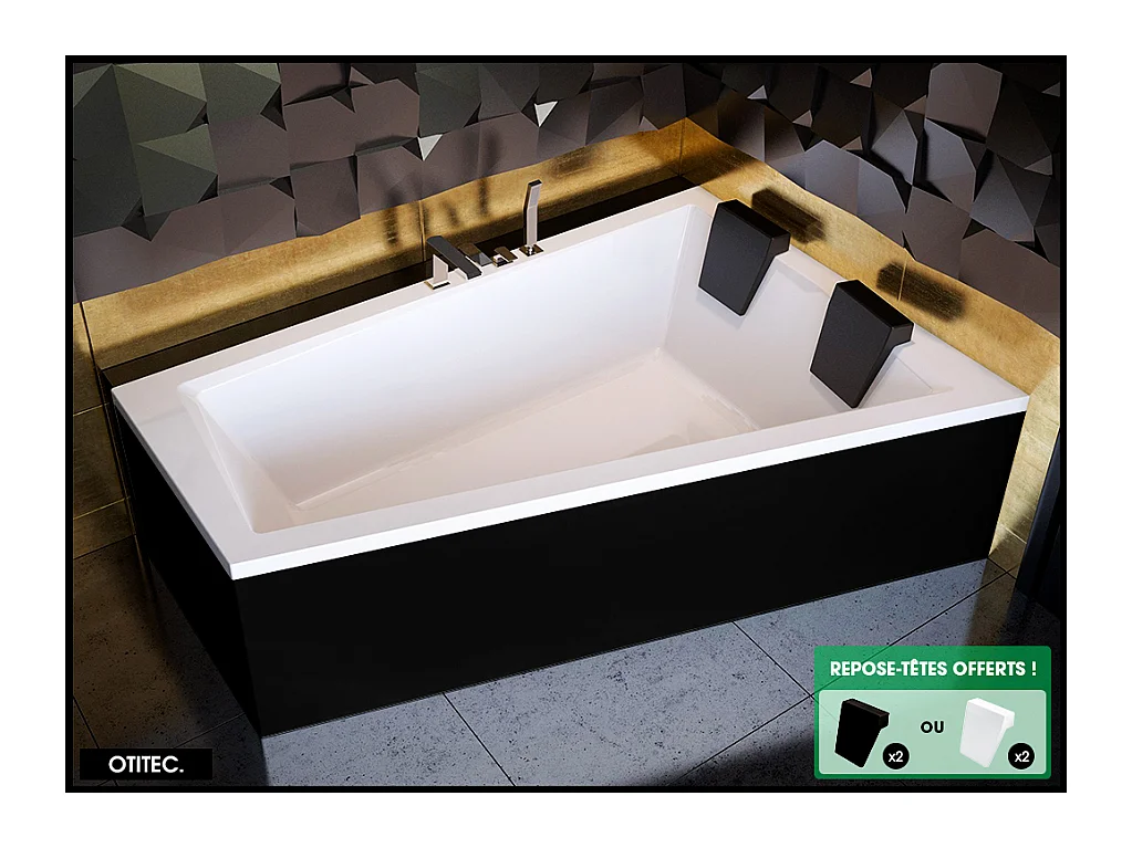 Baignoire Asymétrique avec Tablier Noir - 170 x 125 cm - DROITE - INTIMA DUO - 2 REPOSE-TÊTES OFFERTS