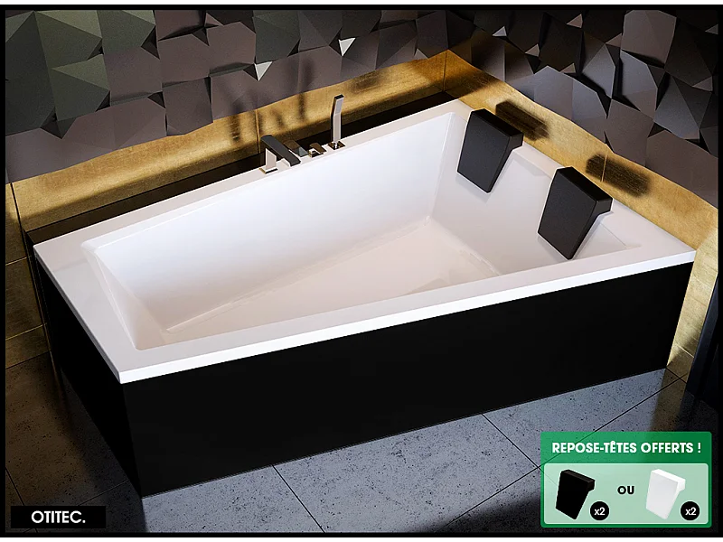 Baignoire Asymétrique avec Tablier Noir - 170 x 125 cm - DROITE - INTIMA DUO - 2 REPOSE-TÊTES OFFERTS