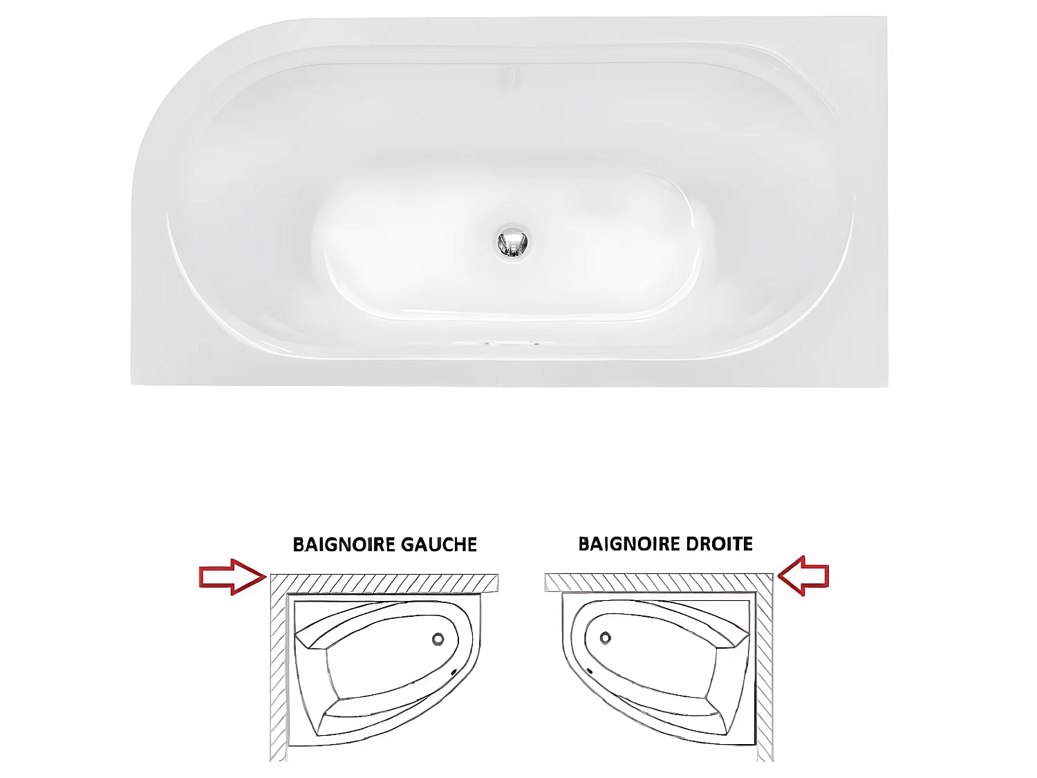 Baignoire d'angle Noir et Blanc + Siphon Doré et Vidage inclus + Repose tête  -  AVITA S CLASSE - DROITE - 150 x 75 cm