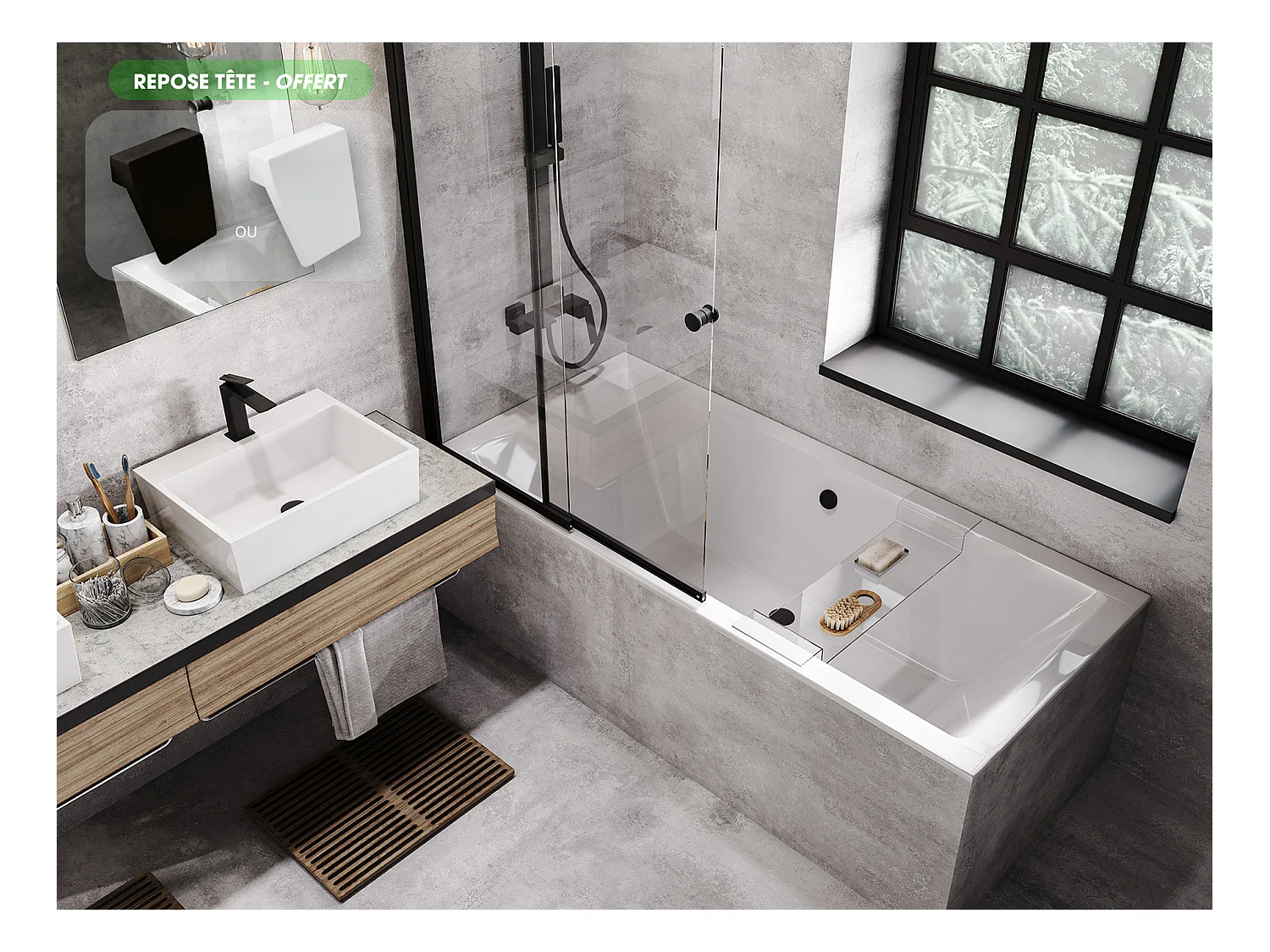 Baignoire rectangulaire blanc à encastrer - Repose Tête OFFERT - QUADRO SLIM - 165 x 75 cm