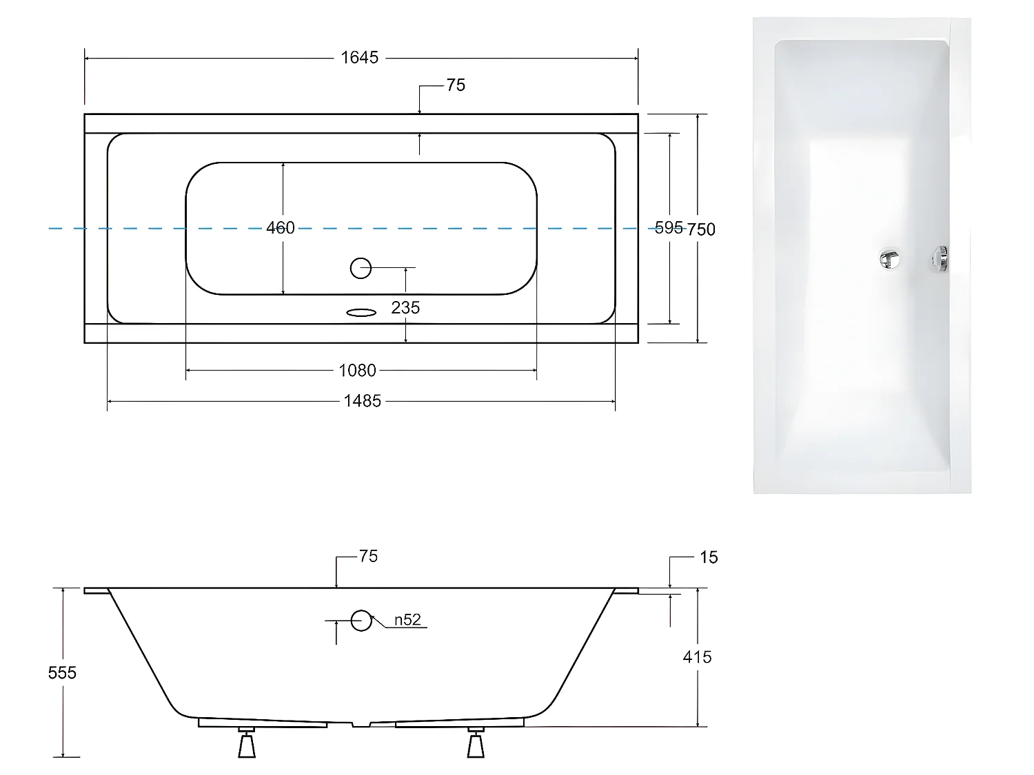 Baignoire rectangulaire blanc à encastrer - Repose Tête OFFERT - QUADRO SLIM - 165 x 75 cm