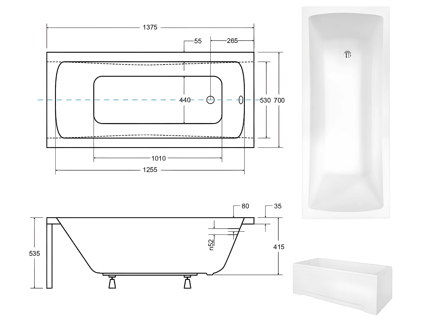 Baignoire rectangulaire + tablier blanc + repose tête - OPTIMA - 140 x 70 cm