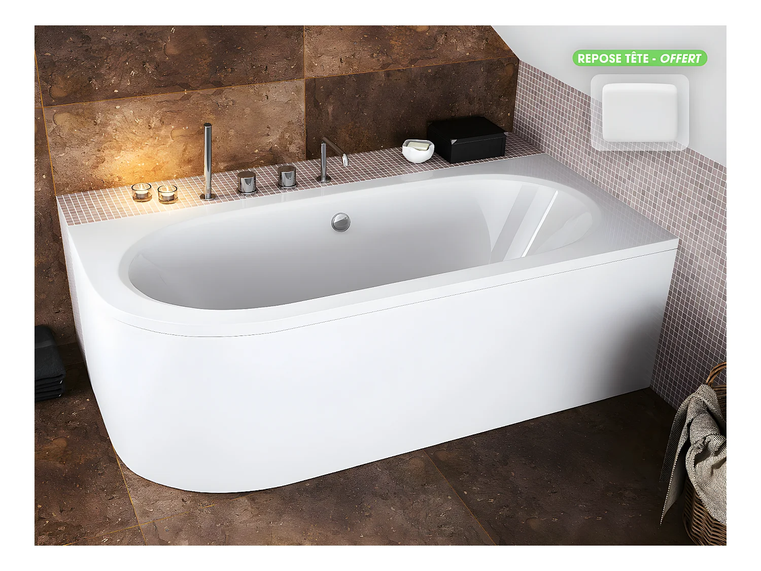 Baignoire d'angle - avec tablier blanc et repose tête offert | AVITA | 170 x 75 cm - Droite