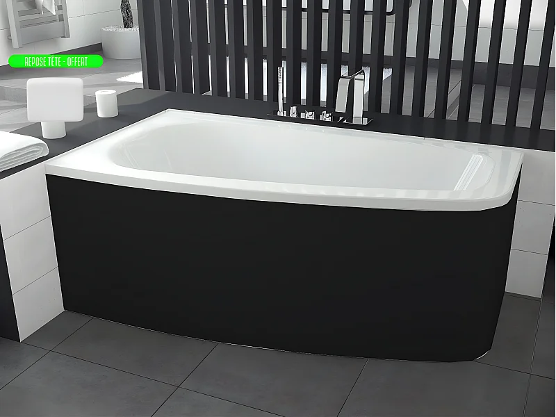 Baignoire asymétrique + tablier noir + repose tête - LUNA - 150 x 80 cm - Gauche