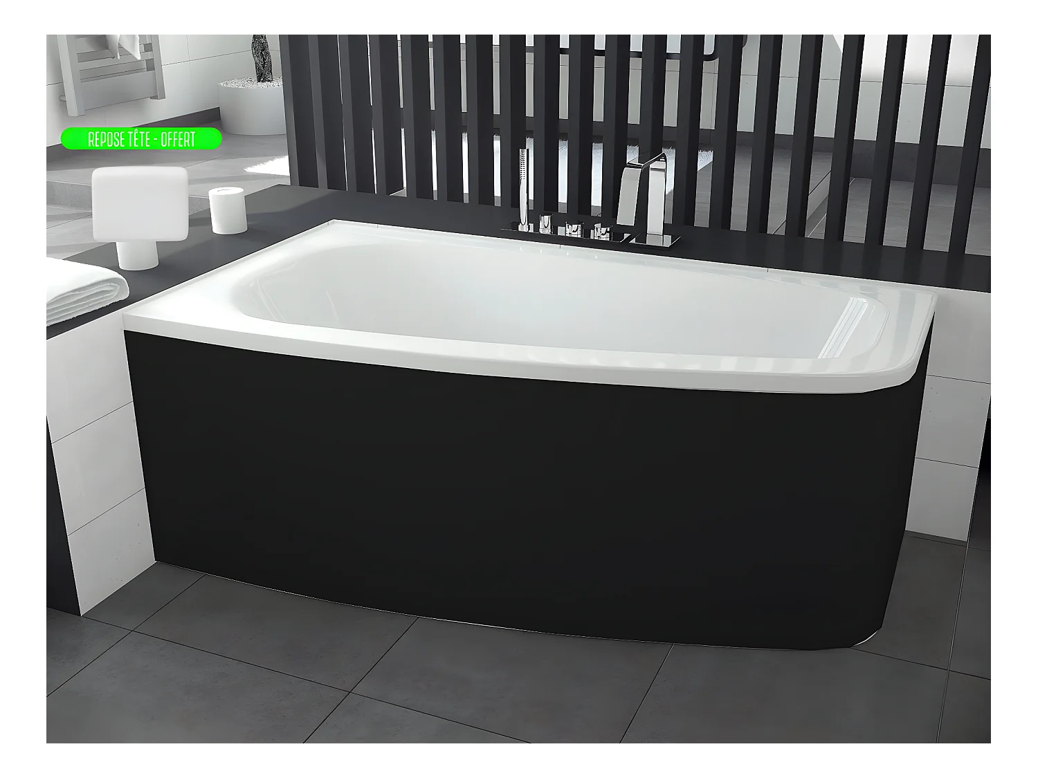 Baignoire asymétrique + tablier noir + repose tête - LUNA - 150 x 80 cm - Gauche