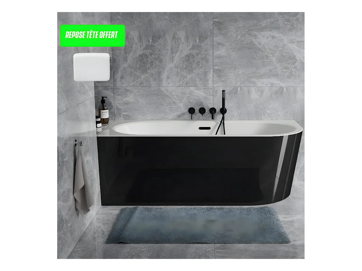 Baignoire d'angle Noir et Blanc + Siphon noir et Vidage inclus + Repose tête  -  AVITA S CLASSE - GAUCHE - 150 x 75 cm
