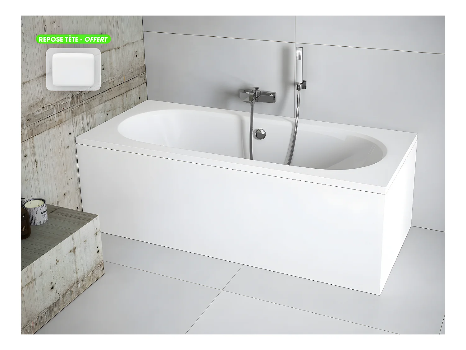Baignoire rectangulaire - avec Tablier Blanc et Repose Tête OFFERT | VITAE | 170 x 75 cm