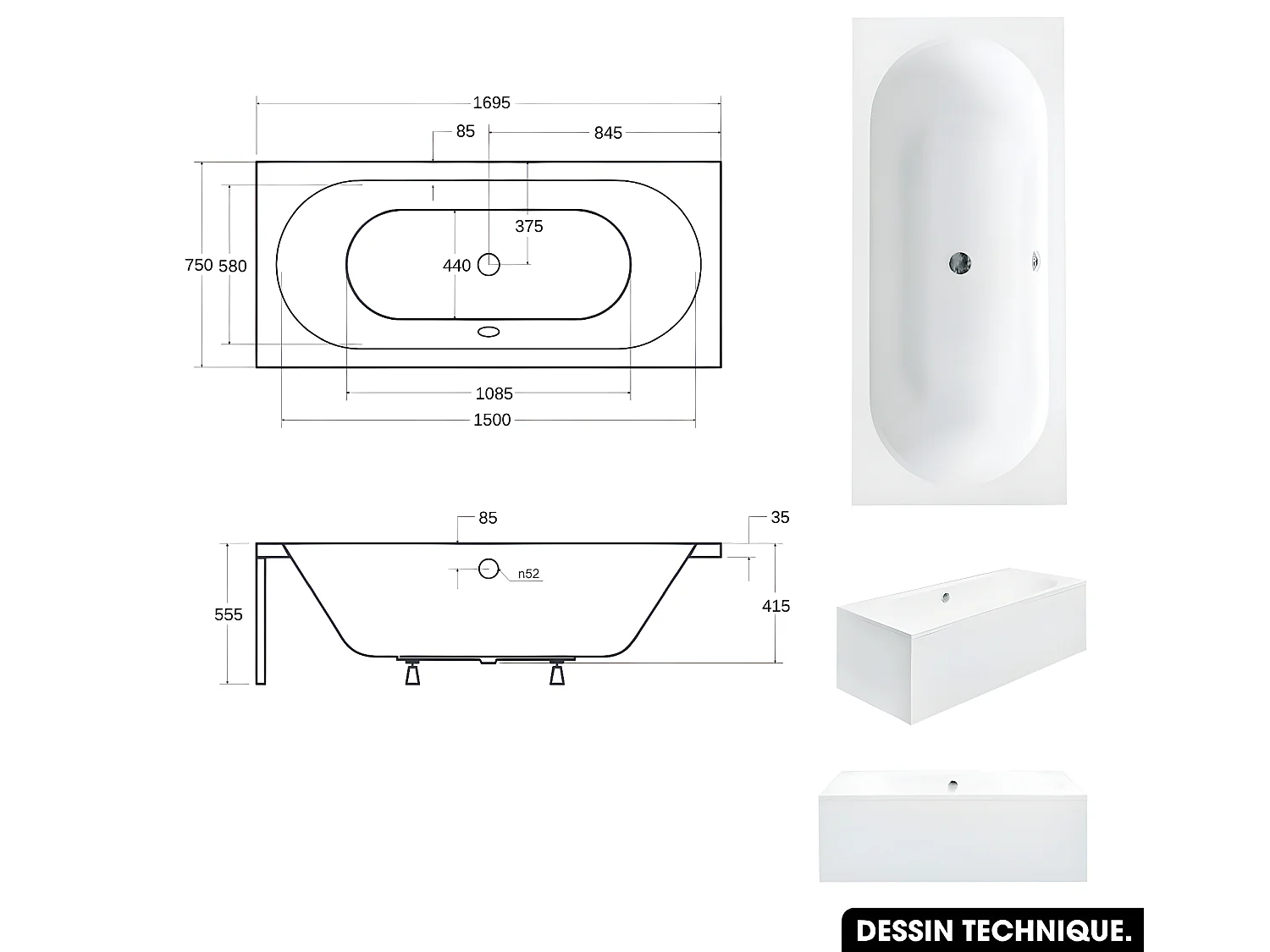 Baignoire rectangulaire - avec Tablier Blanc et Repose Tête OFFERT | VITAE | 170 x 75 cm