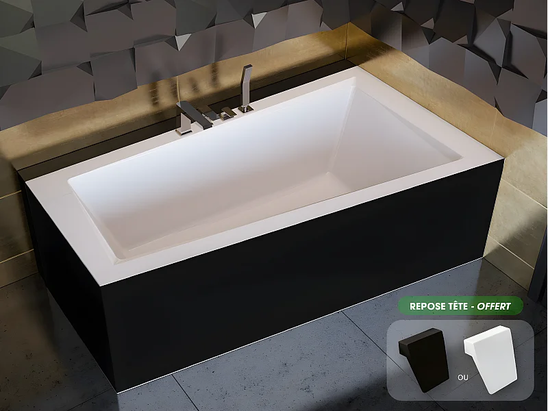Baignoire asymétrique  + tablier noir + repose tête - INTIMA - 160 x 90 cm - Droite