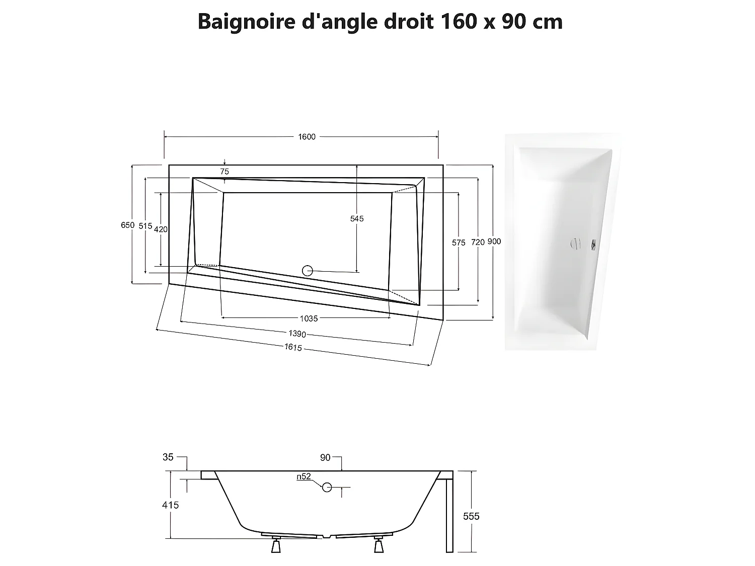 Baignoire asymétrique  + tablier noir + repose tête - INTIMA - 160 x 90 cm - Droite