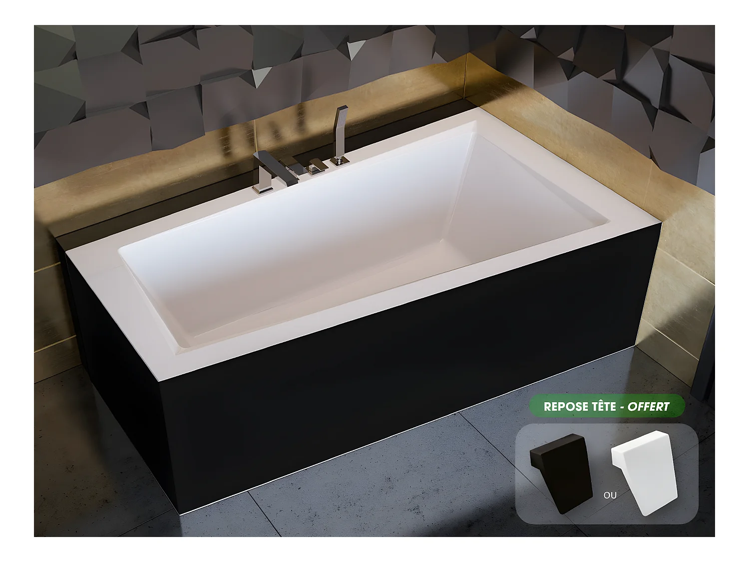 Baignoire asymétrique  + tablier noir + repose tête - INTIMA - 160 x 90 cm - Droite
