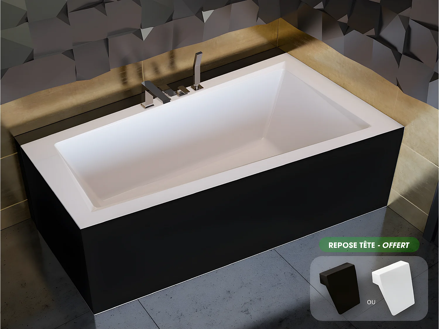 Baignoire asymétrique  + tablier noir + repose tête - INTIMA - 160 x 90 cm - Droite