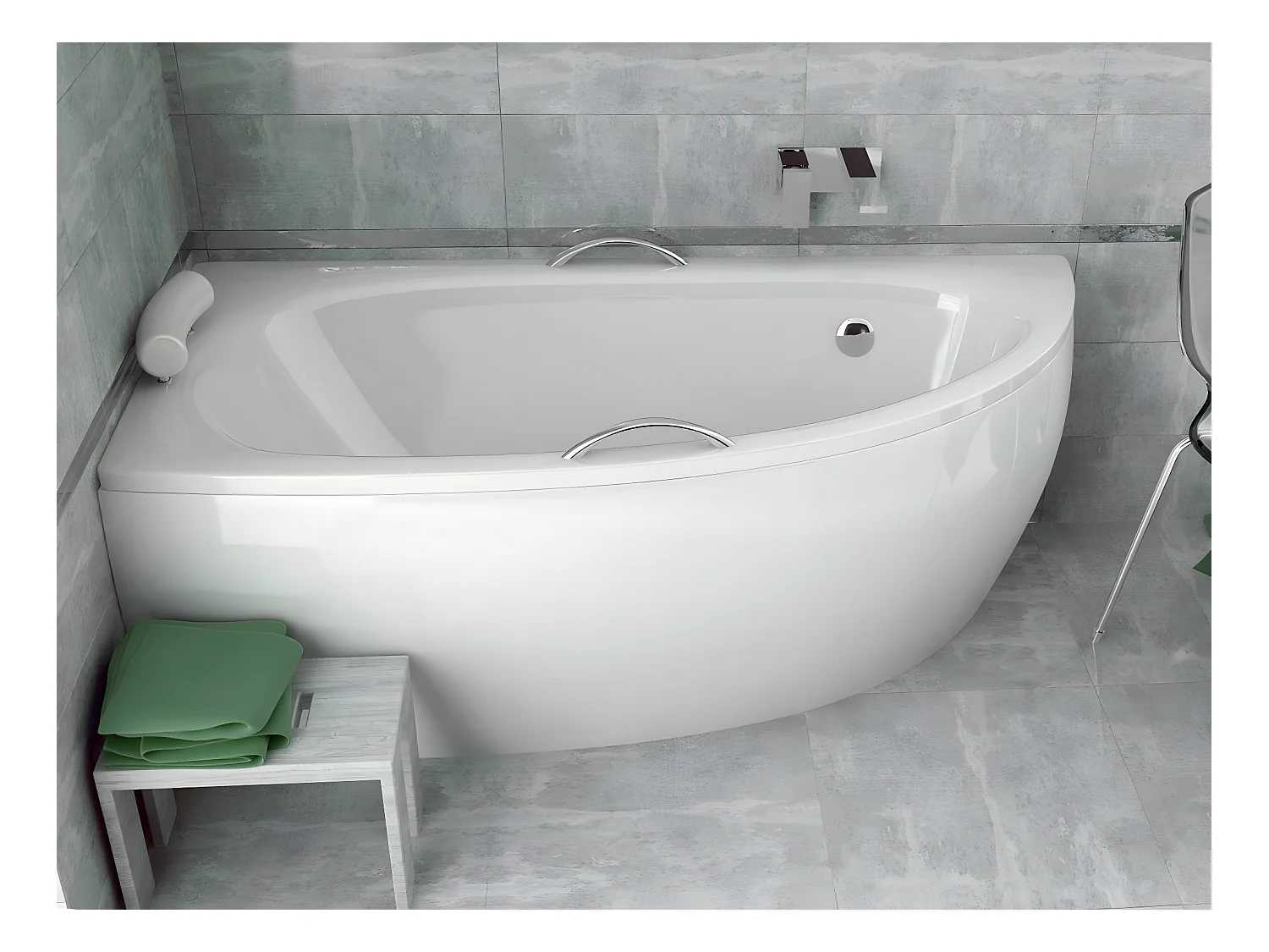 Baignoire asymétrique + tablier blanc + repose tête + poignées - MILENA PREMIUM - 150 x 70 cm - Droite