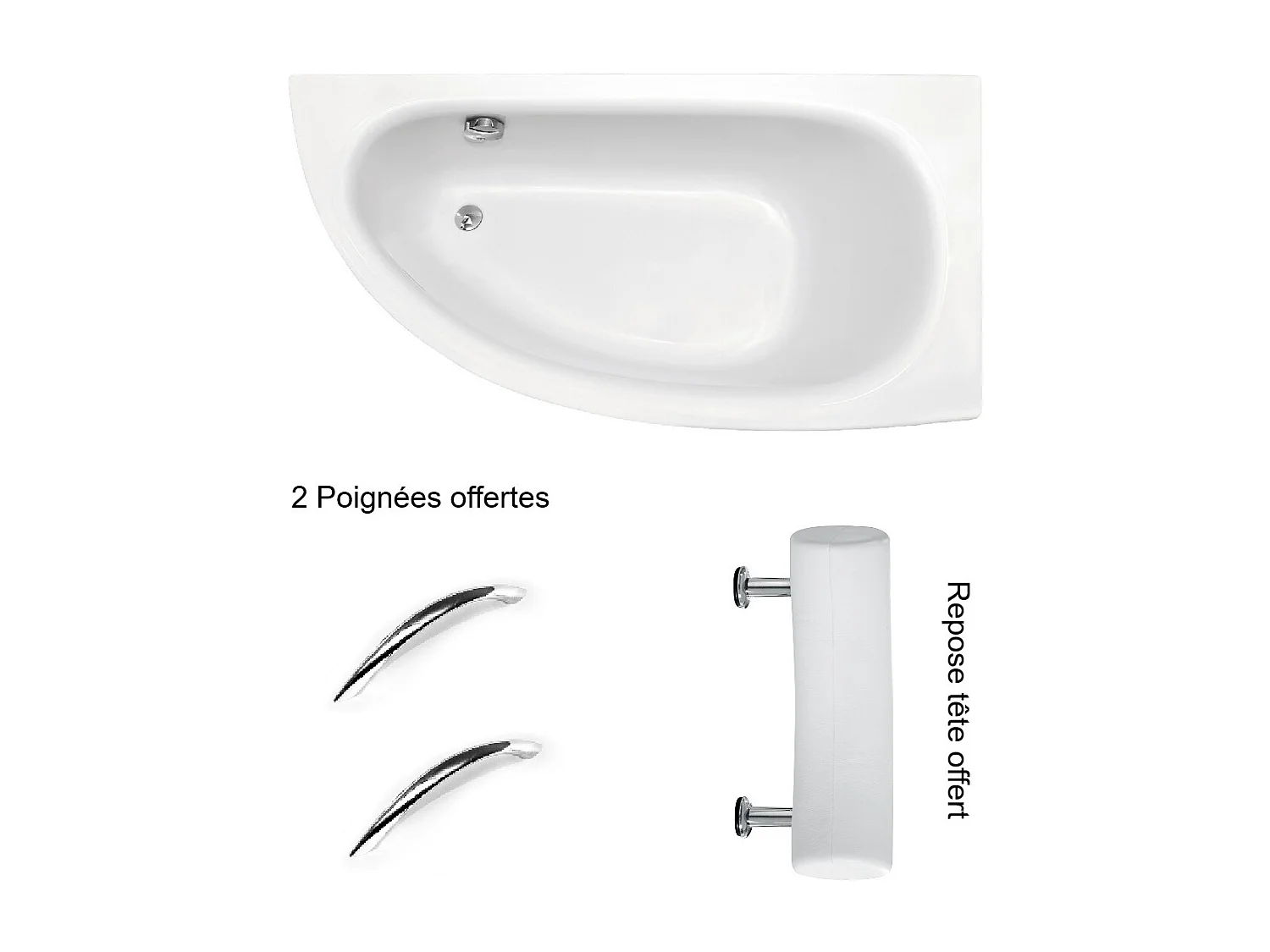 Baignoire asymétrique + tablier blanc + repose tête + poignées - MILENA PREMIUM - 150 x 70 cm - Droite