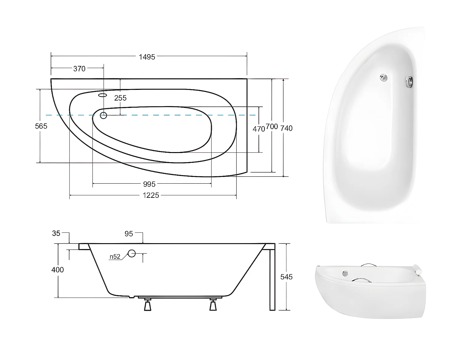 Baignoire asymétrique + tablier blanc + repose tête + poignées - MILENA PREMIUM - 150 x 70 cm - Droite