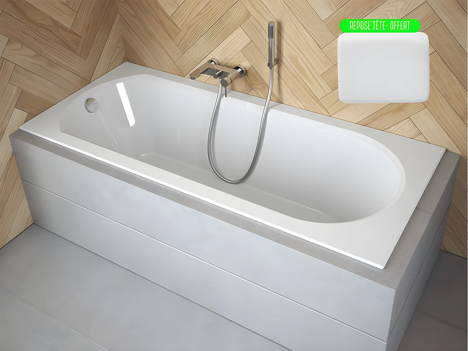 Baignoire rectangulaire blanche à encastrer + repose tête - 170 x 75 cm - INTRICA SLIM