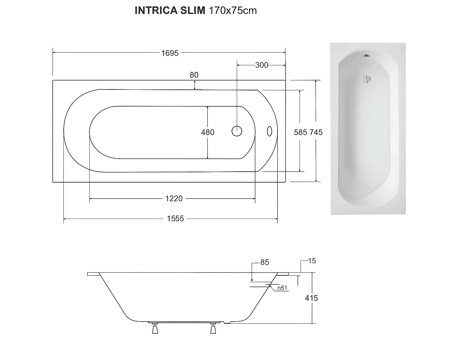 Baignoire rectangulaire blanche à encastrer + repose tête - 170 x 75 cm - INTRICA SLIM