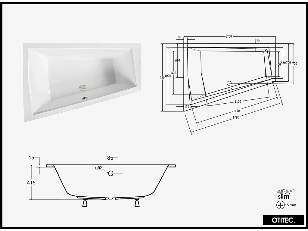 Baignoire Asymétrique à Encastrer - 170 x 125 cm - GAUCHE - INTIMA DUO SLIM - 2 REPOSE-TÊTES OFFERTS