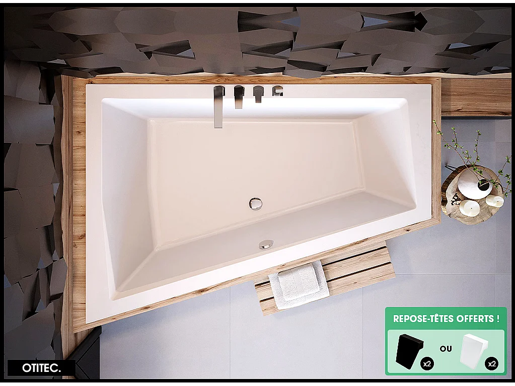 Baignoire Asymétrique à Encastrer - 170 x 125 cm - GAUCHE - INTIMA DUO SLIM - 2 REPOSE-TÊTES OFFERTS