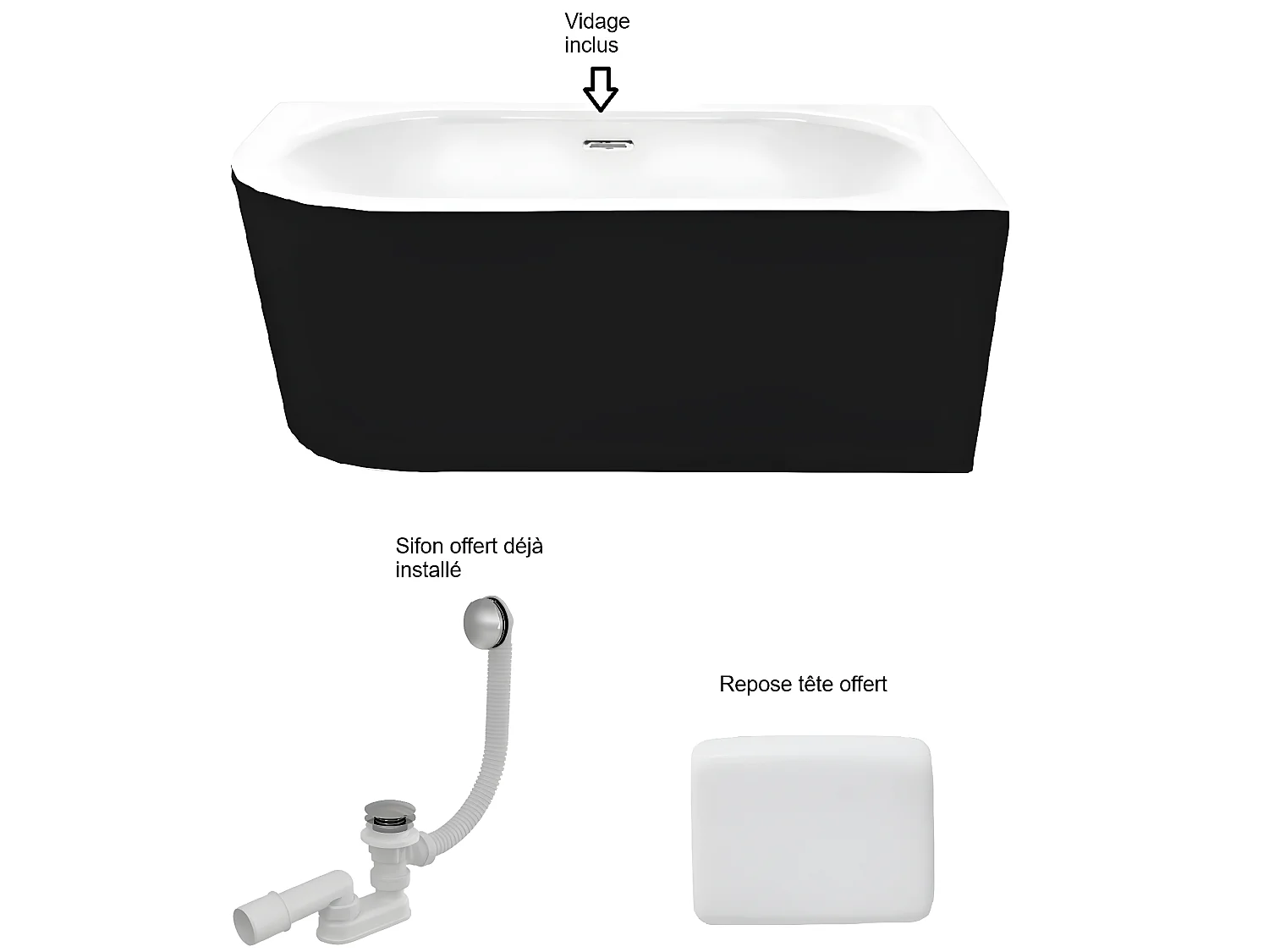 Baignoire d'angle Noir et Blanc + Siphon noir et Vidage inclus + Repose tête  -  AVITA S CLASSE - DROITE - 150 x 75 cm