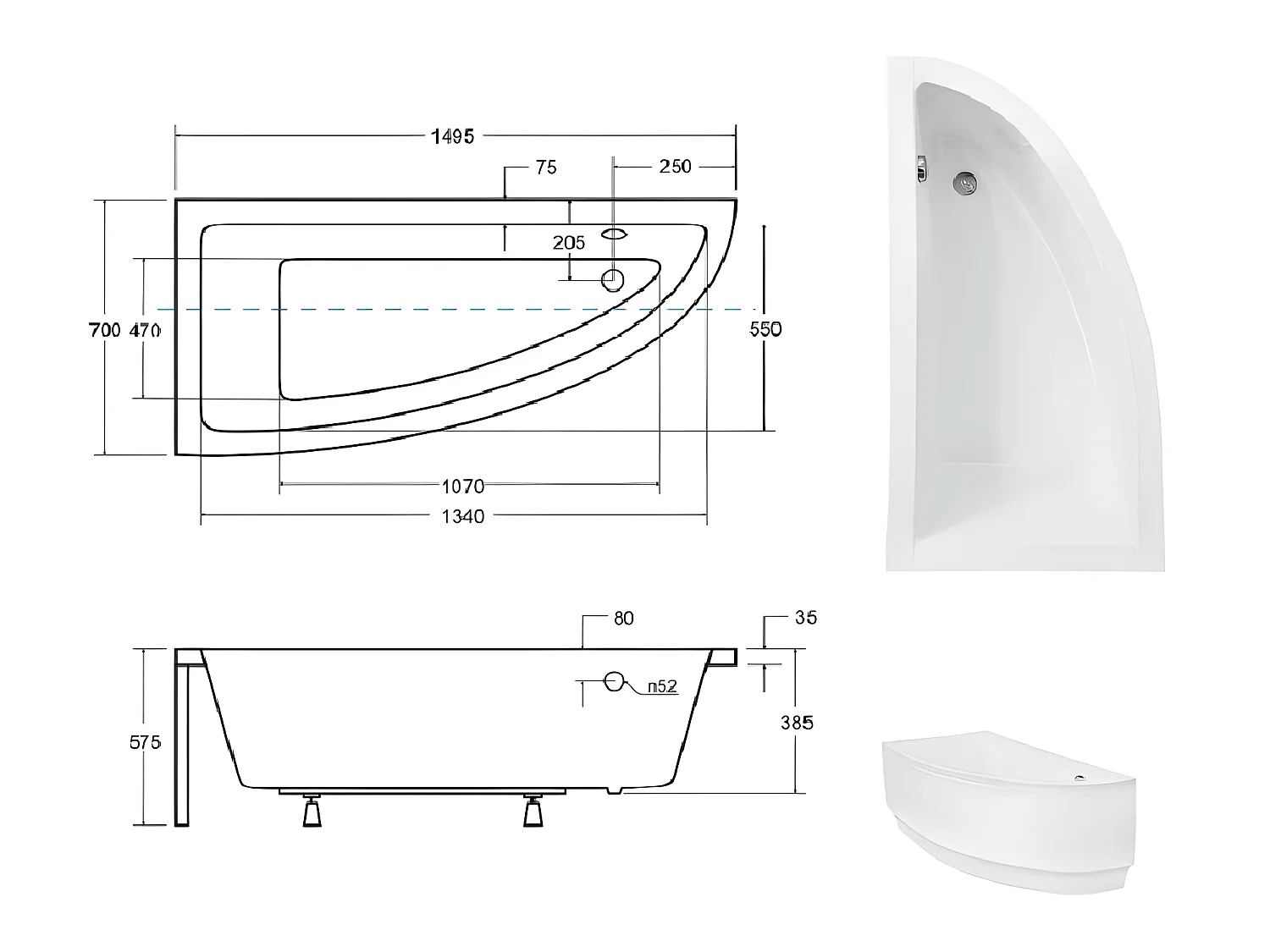 Baignoire asymétrique + tablier noir + repose tête - PRAKTIKA  - 150 x 70 cm - Gauche
