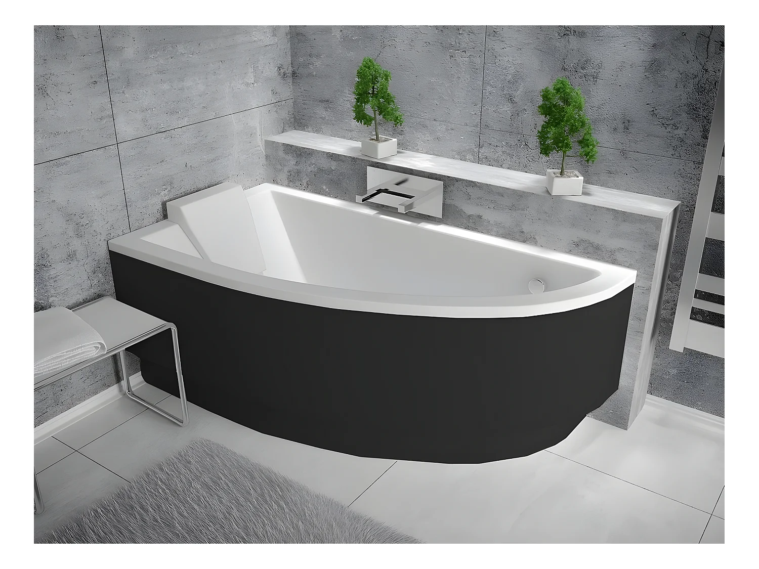 Baignoire asymétrique + tablier noir + repose tête - PRAKTIKA  - 150 x 70 cm - Gauche