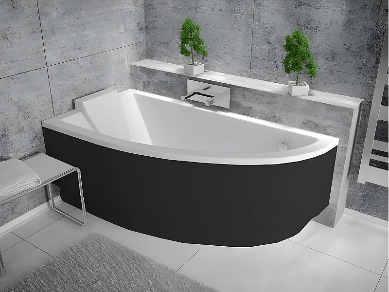 Baignoire asymétrique + tablier noir + repose tête - PRAKTIKA  - 150 x 70 cm - Gauche