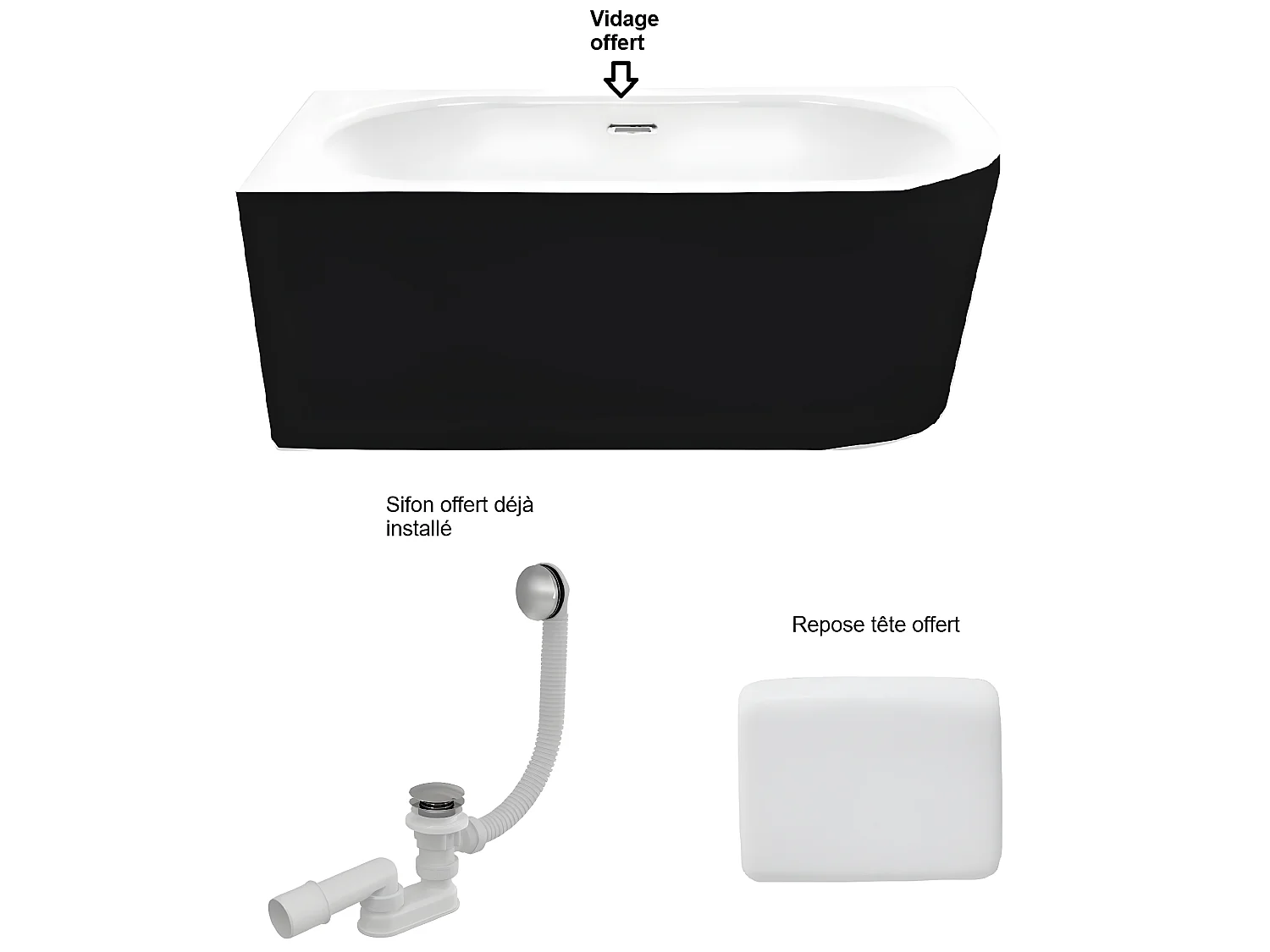 Baignoire d'angle Noir et Blanc + Siphon Blanc et Vidage inclus + Repose tête  -  AVITA S CLASSE - GAUCHE - 170 x 75 cm
