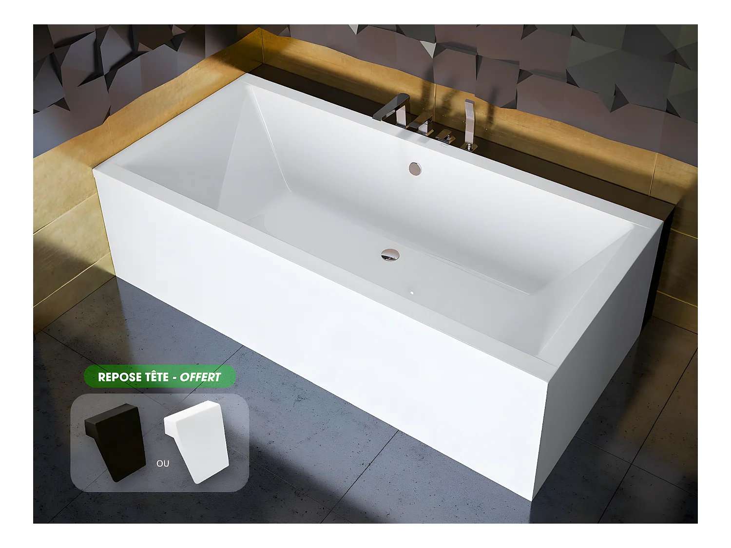 Baignoire rectangulaire - avec Tablier Blanc et Repose Tête OFFERT | QUADRO | 180  x 80 cm