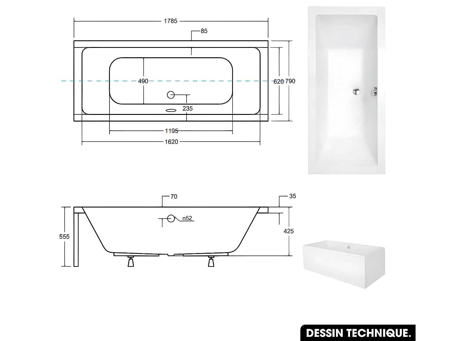 Baignoire rectangulaire - avec Tablier Blanc et Repose Tête OFFERT | QUADRO | 180  x 80 cm