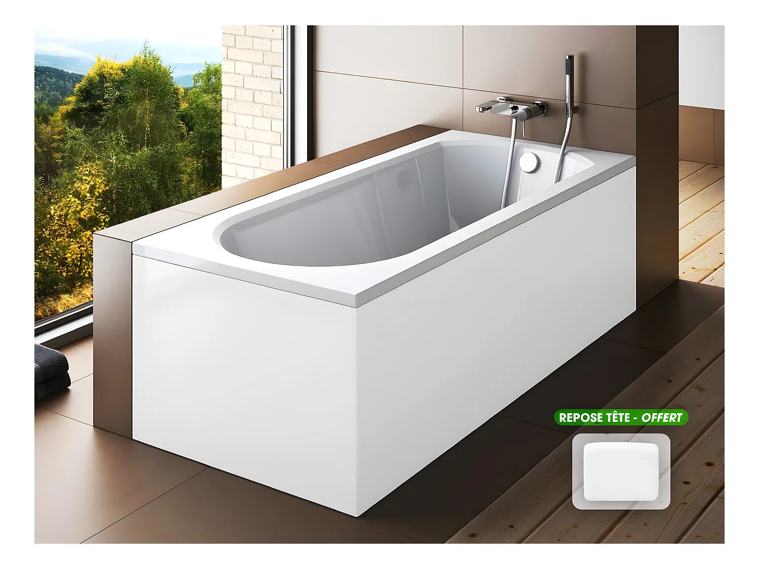 Baignoire rectangulaire - avec Tablier Blanc et Repose Tête OFFERT | INTRICA | 160 x75 cm