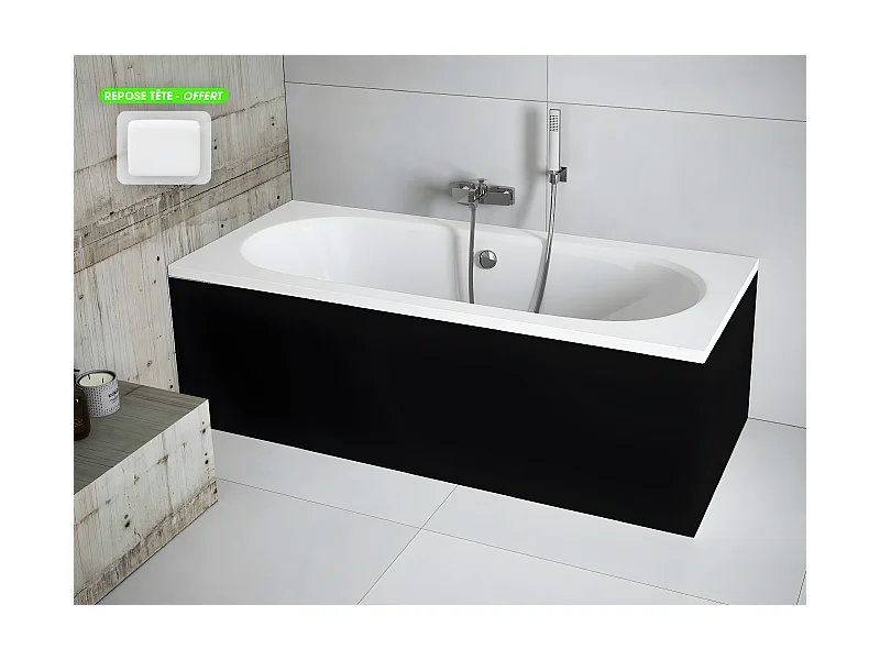 Baignoire rectangulaire - avec Tablier Noir Mat et Repose Tête OFFERT | VITAE | 150 x 75 cm