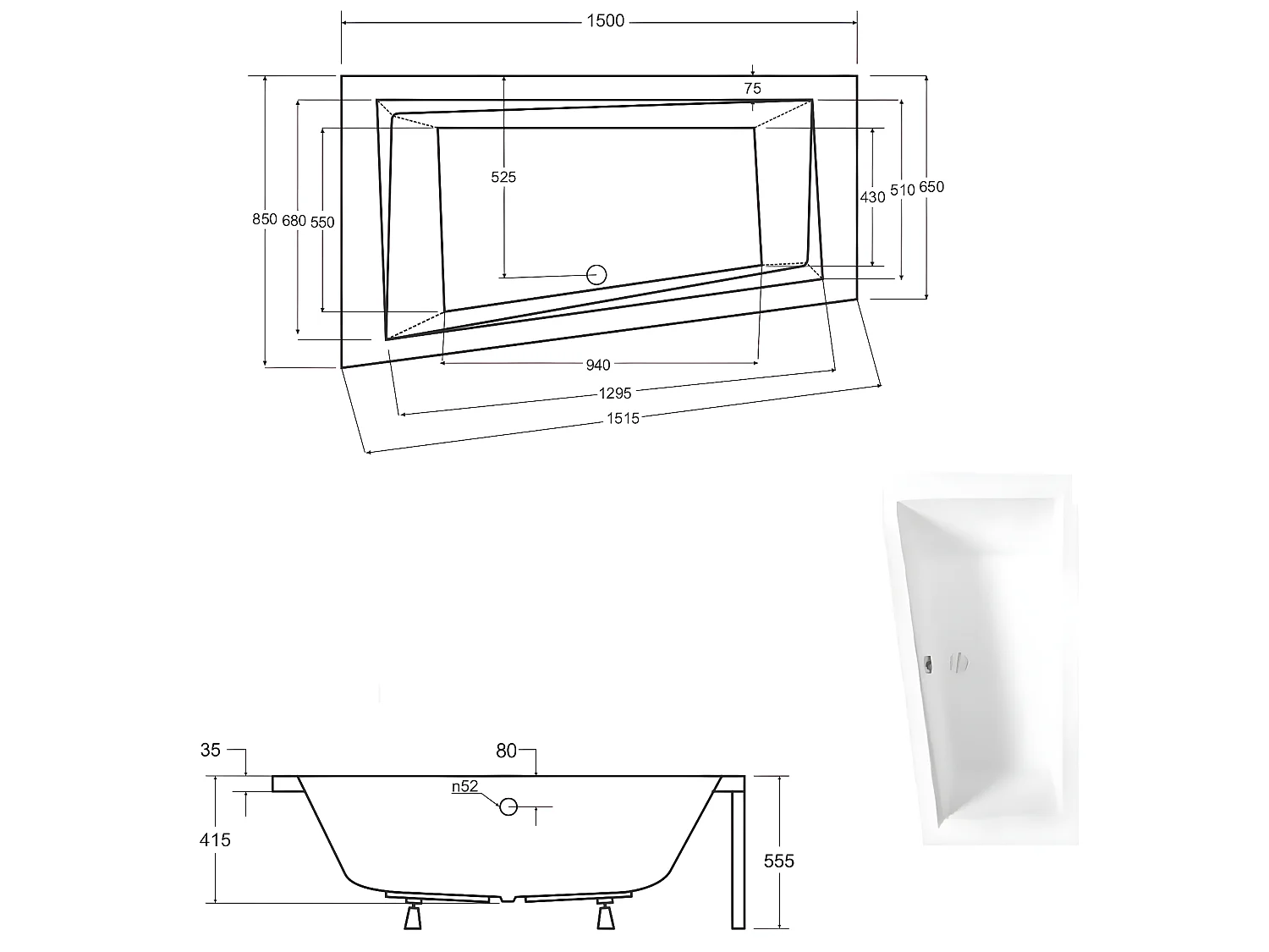 Baignoire asymétrique  + tablier blanc + repose tête - INTIMA - 150 x 85 cm - Gauche
