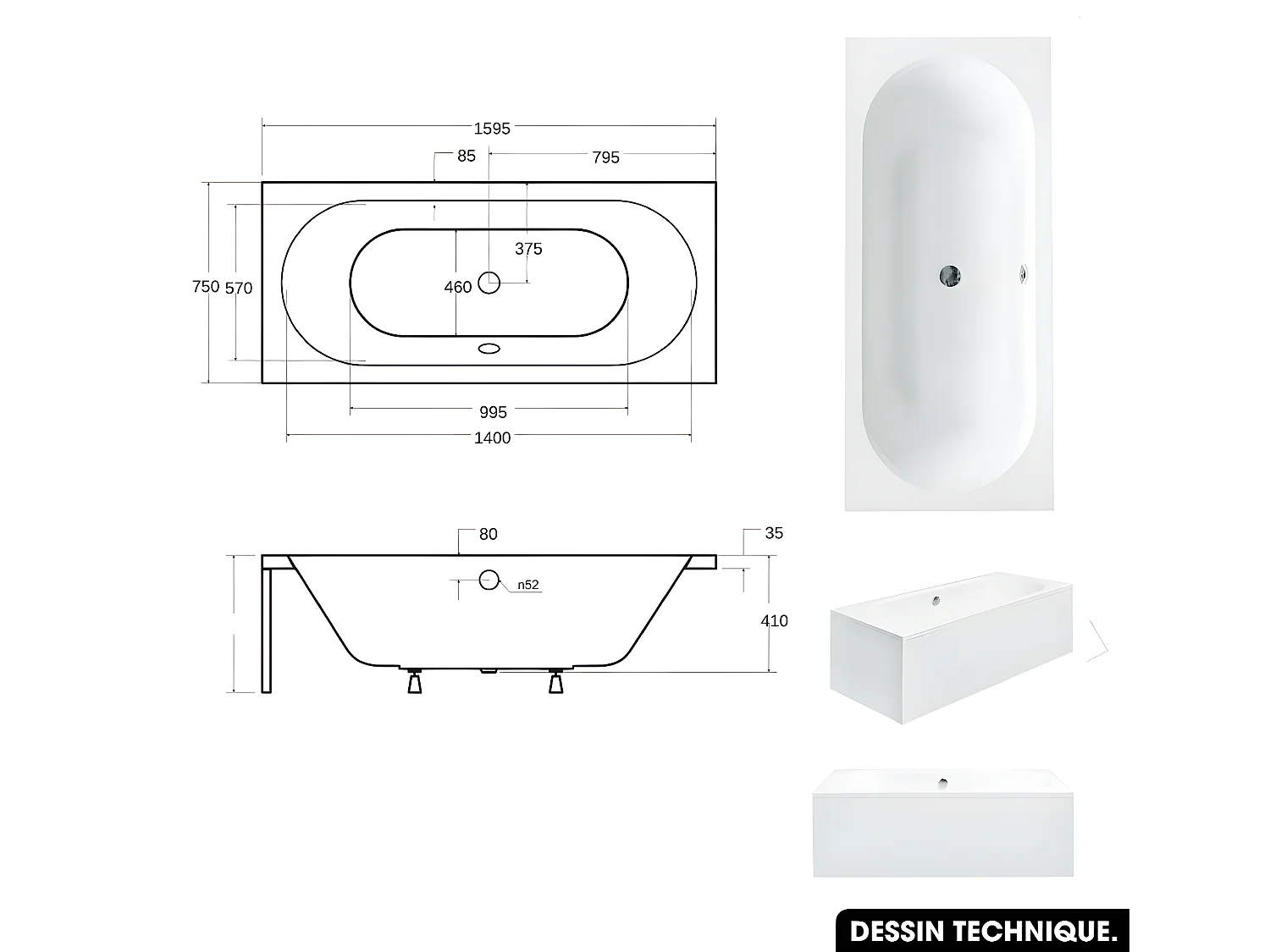 Baignoire rectangulaire - avec Tablier Noir Mat et Repose Tête OFFERT | VITAE | 160 x 75 cm