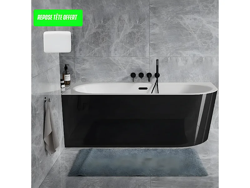 Baignoire d'angle Noir et Blanc + Siphon Graphite et Vidage inclus + Repose tête  -  AVITA S CLASSE - GAUCHE - 170 x 75 cm