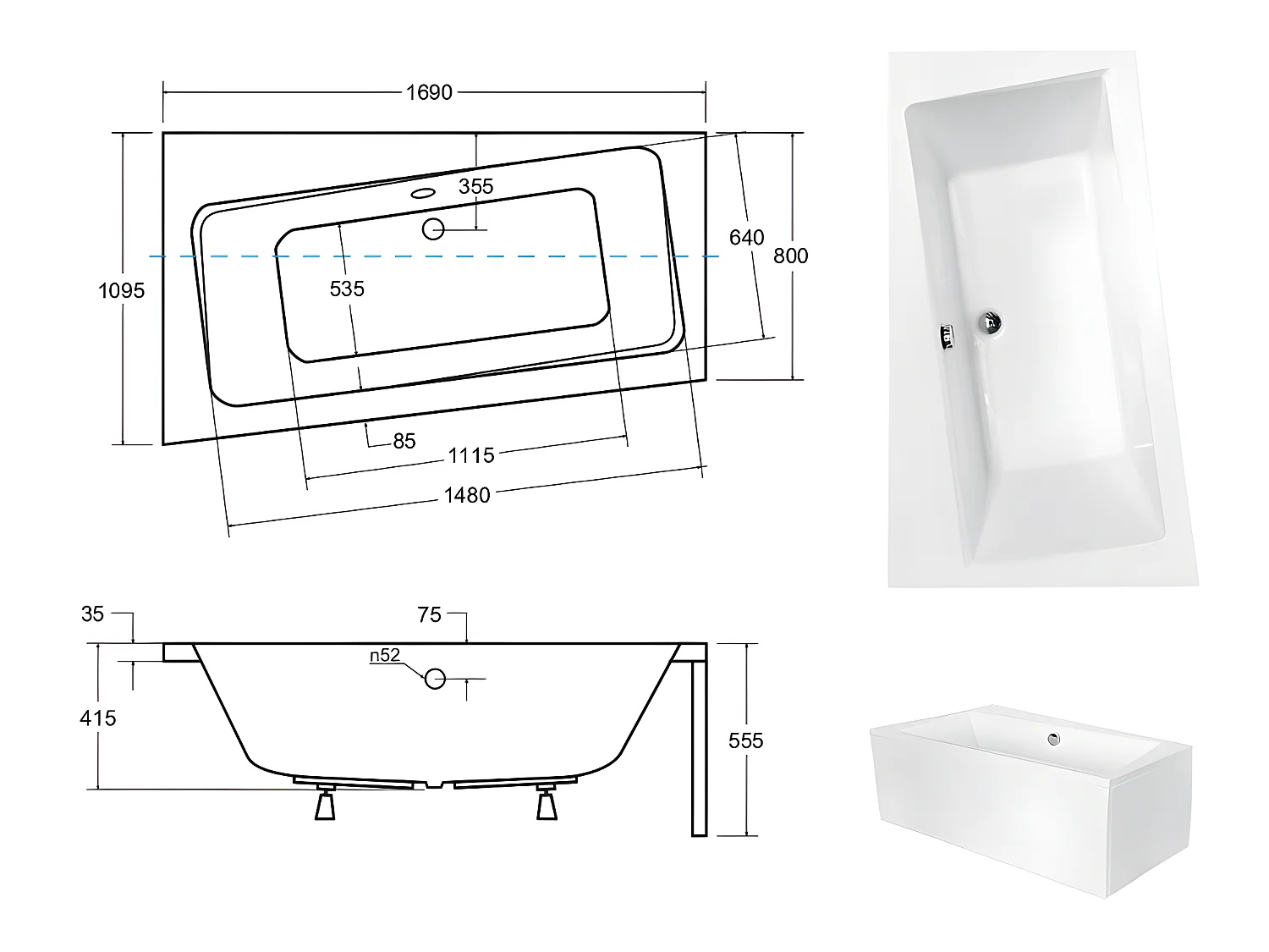 Baignoire asymétrique  + tablier blanc + repose tête - INFINITY - 170 x 110 cm - Gauche