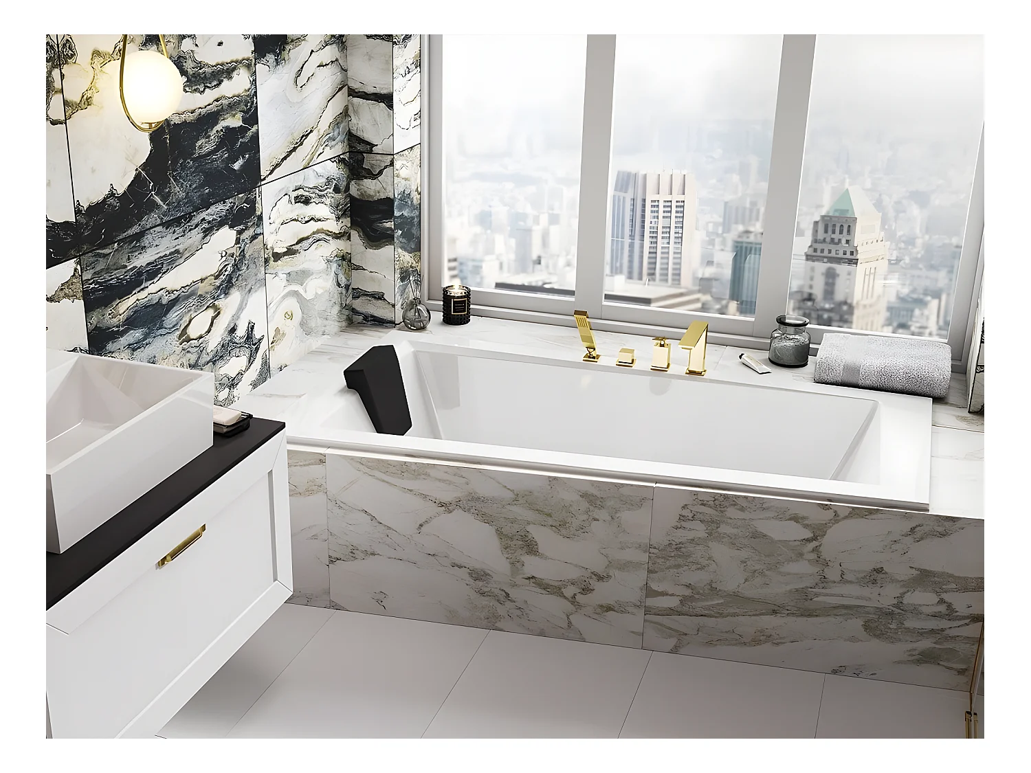 Baignoire asymétrique blanche encastrée + repose tête - INTIMA SLIM - 160 x 90 cm - gauche