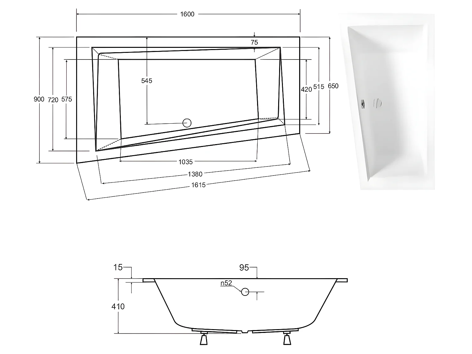 Baignoire asymétrique blanche encastrée + repose tête - INTIMA SLIM - 160 x 90 cm - gauche