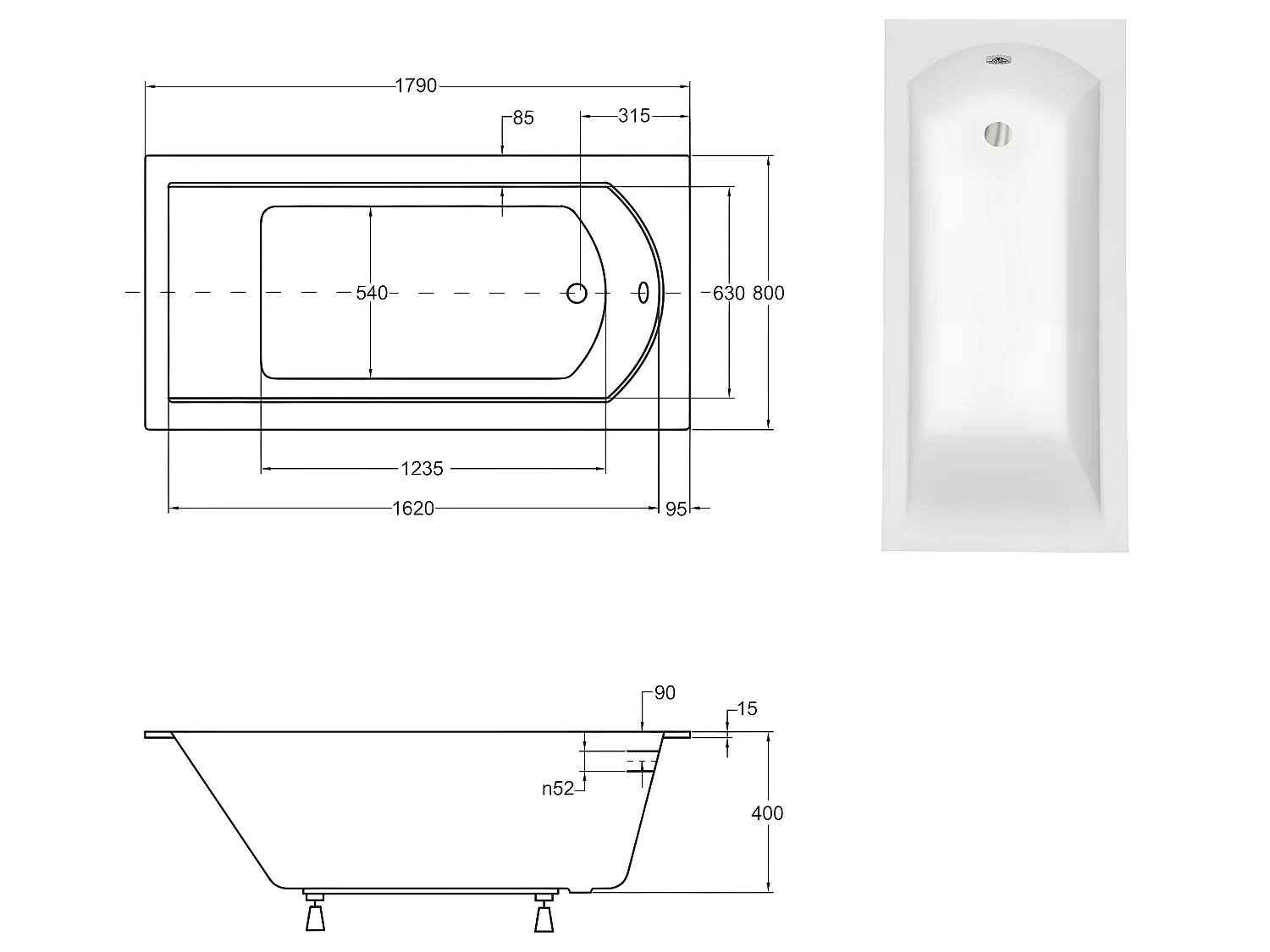 Baignoire rectangulaire blanche à encastrer - SHEA SLIM - 180 x 80 cm