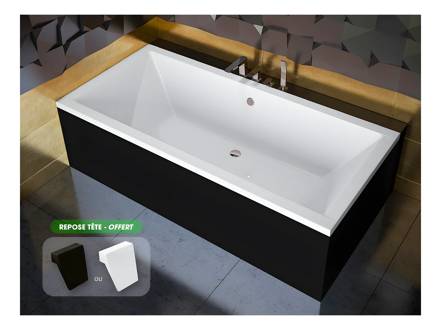 Baignoire rectangulaire - avec Tablier Noir Mat et Repose Tête OFFERT | QUADRO | 155 x 70 cm