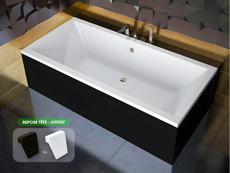 Baignoire rectangulaire - avec Tablier Noir Mat et Repose Tête OFFERT | QUADRO | 155 x 70 cm