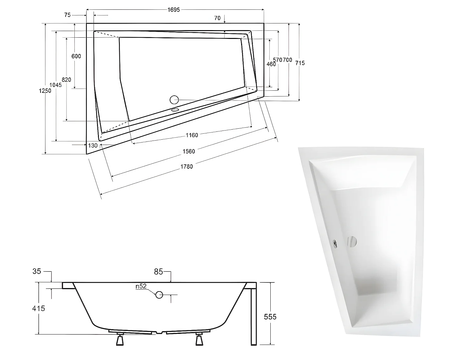 Baignoire asymétrique + tablier blanc + repose tête - INTIMA DUO - 170 x 125 cm - Gauche