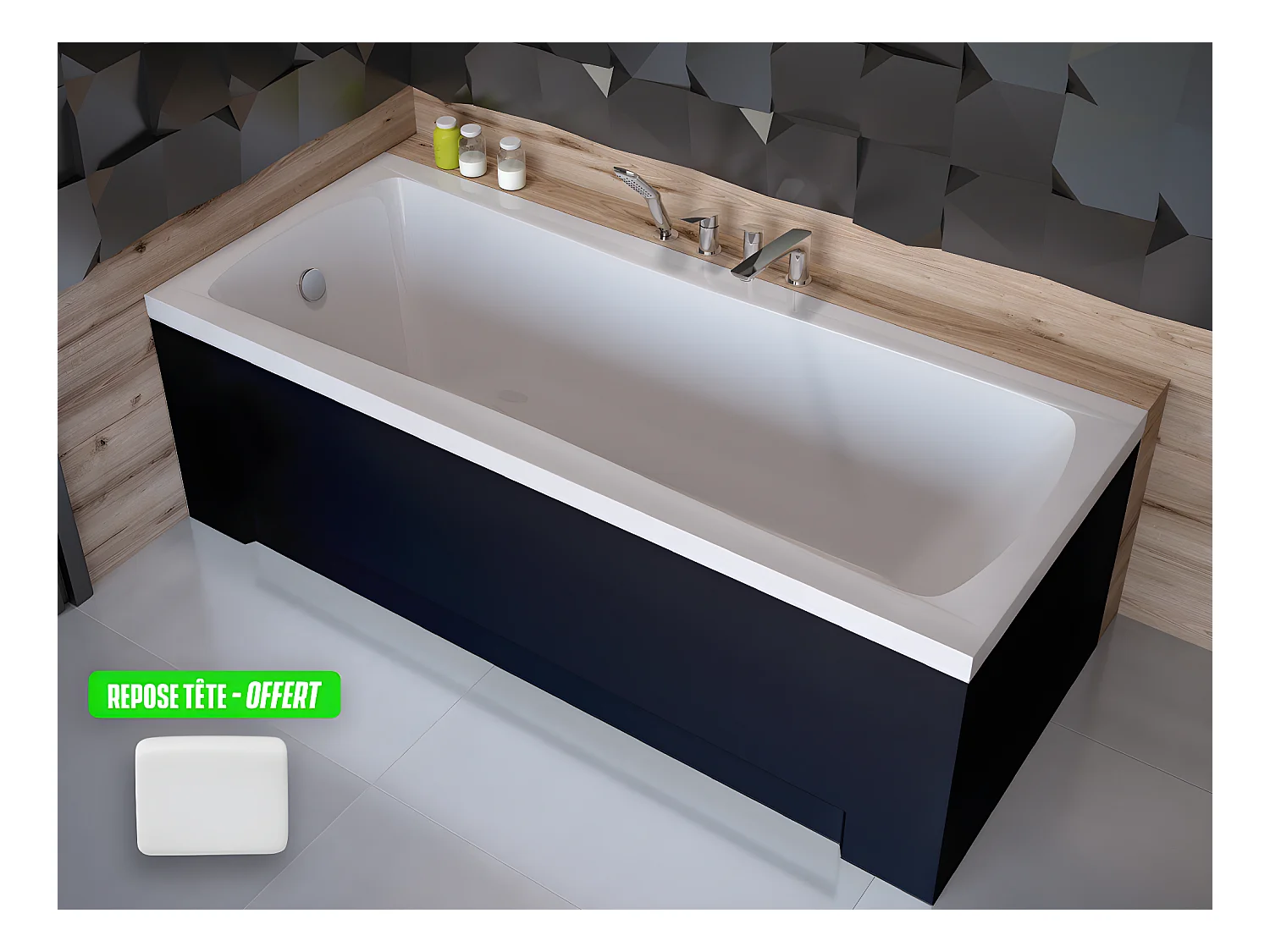 Baignoire rectangulaire + tablier noir mat + repose tête - OPTIMA - 140 x 70 cm
