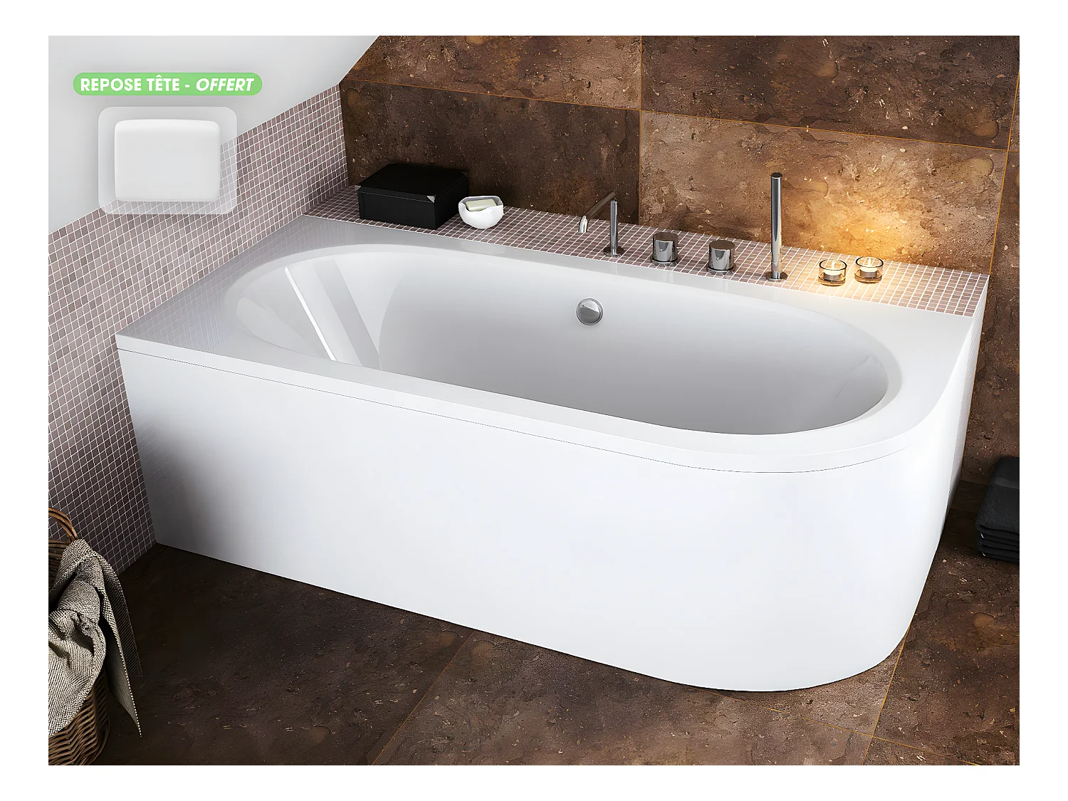 Baignoire d'angle - avec tablier blanc et repose tête offert | AVITA | 170 x 75 cm - Gauche