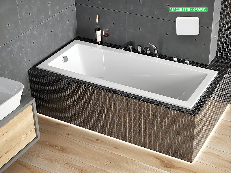 Baignoire rectangulaire blanche à encastrer + repose tête - MODERN SLIM - 180 cm x 70 cm