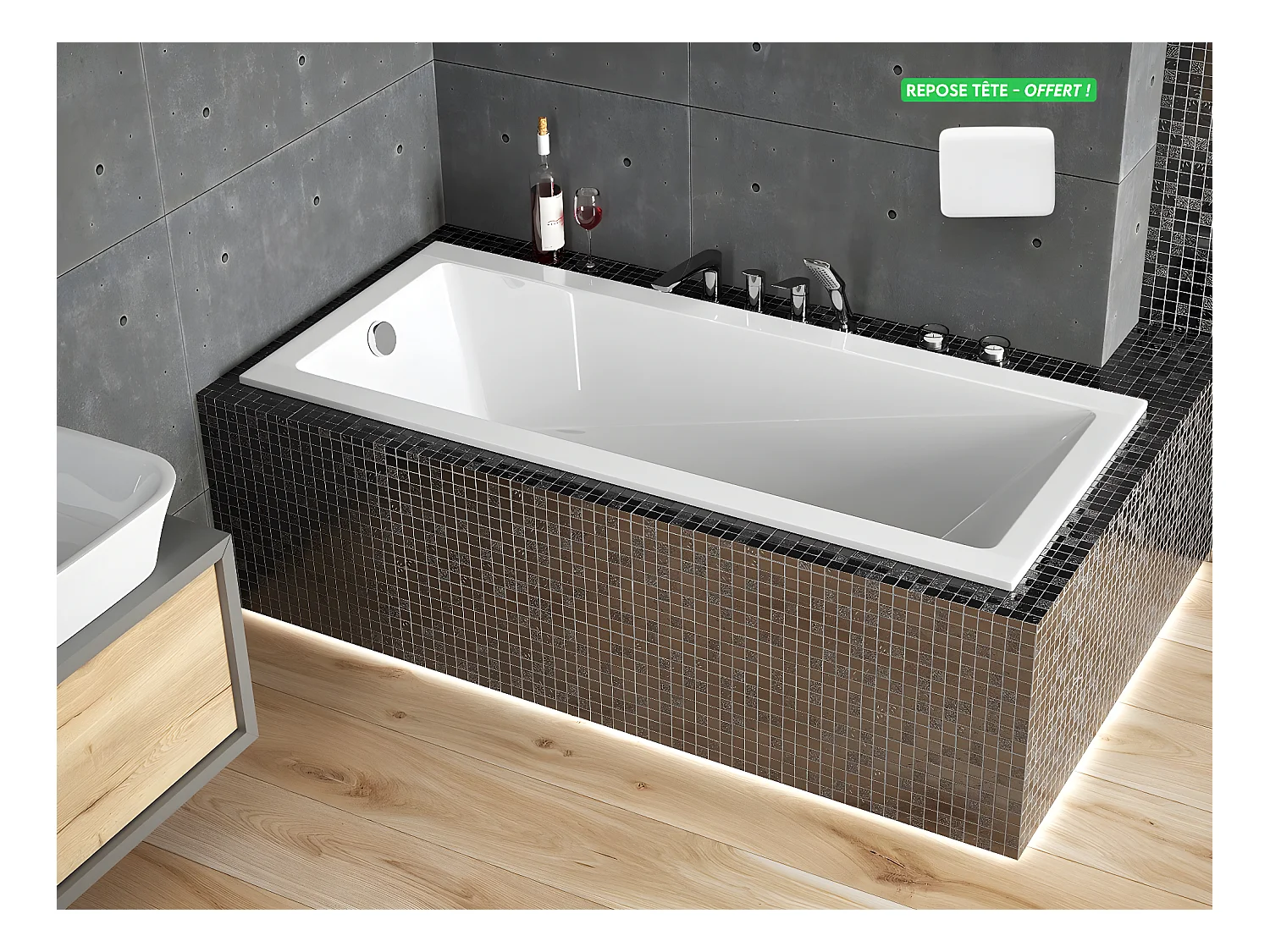 Baignoire rectangulaire blanche à encastrer + repose tête - MODERN SLIM - 180 cm x 70 cm