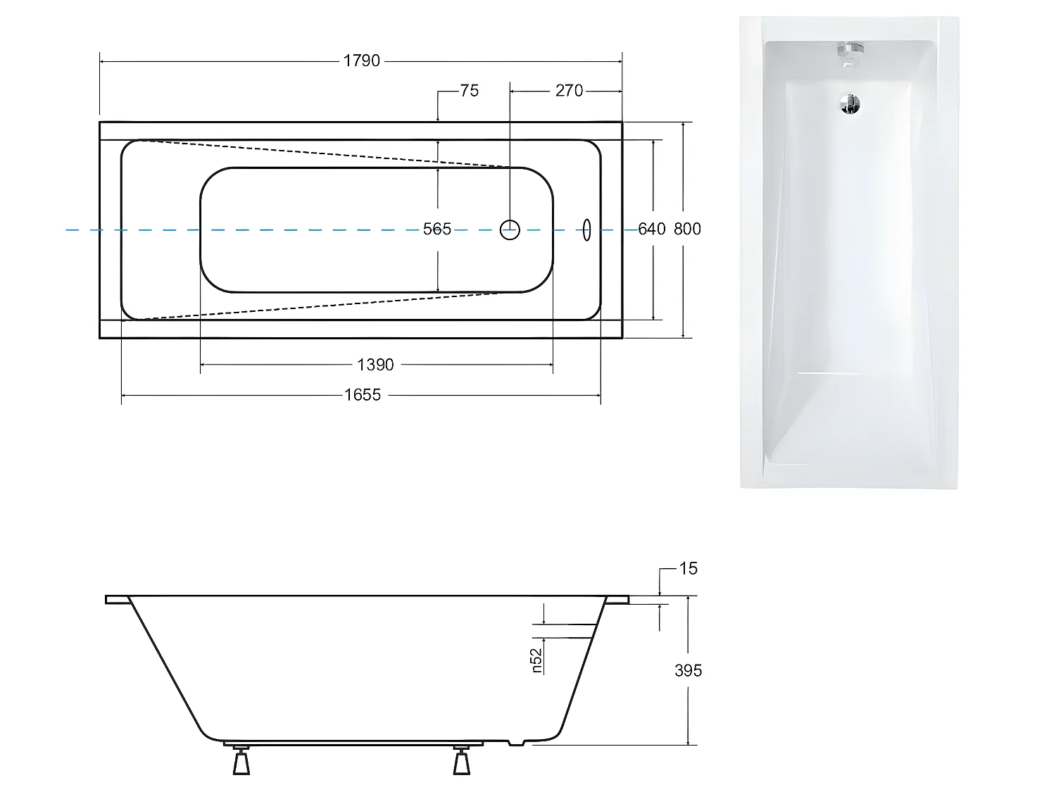 Baignoire rectangulaire blanche à encastrer + repose tête - MODERN SLIM - 180 cm x 70 cm