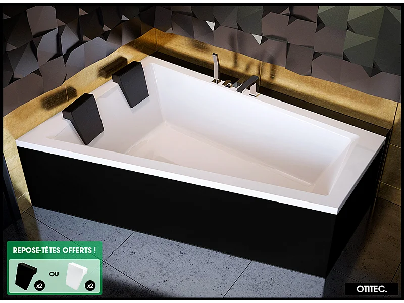 Baignoire Asymétrique avec Tablier Noir - 170 x 125 cm - GAUCHE - INTIMA DUO - 2 REPOSE-TÊTES OFFERTS
